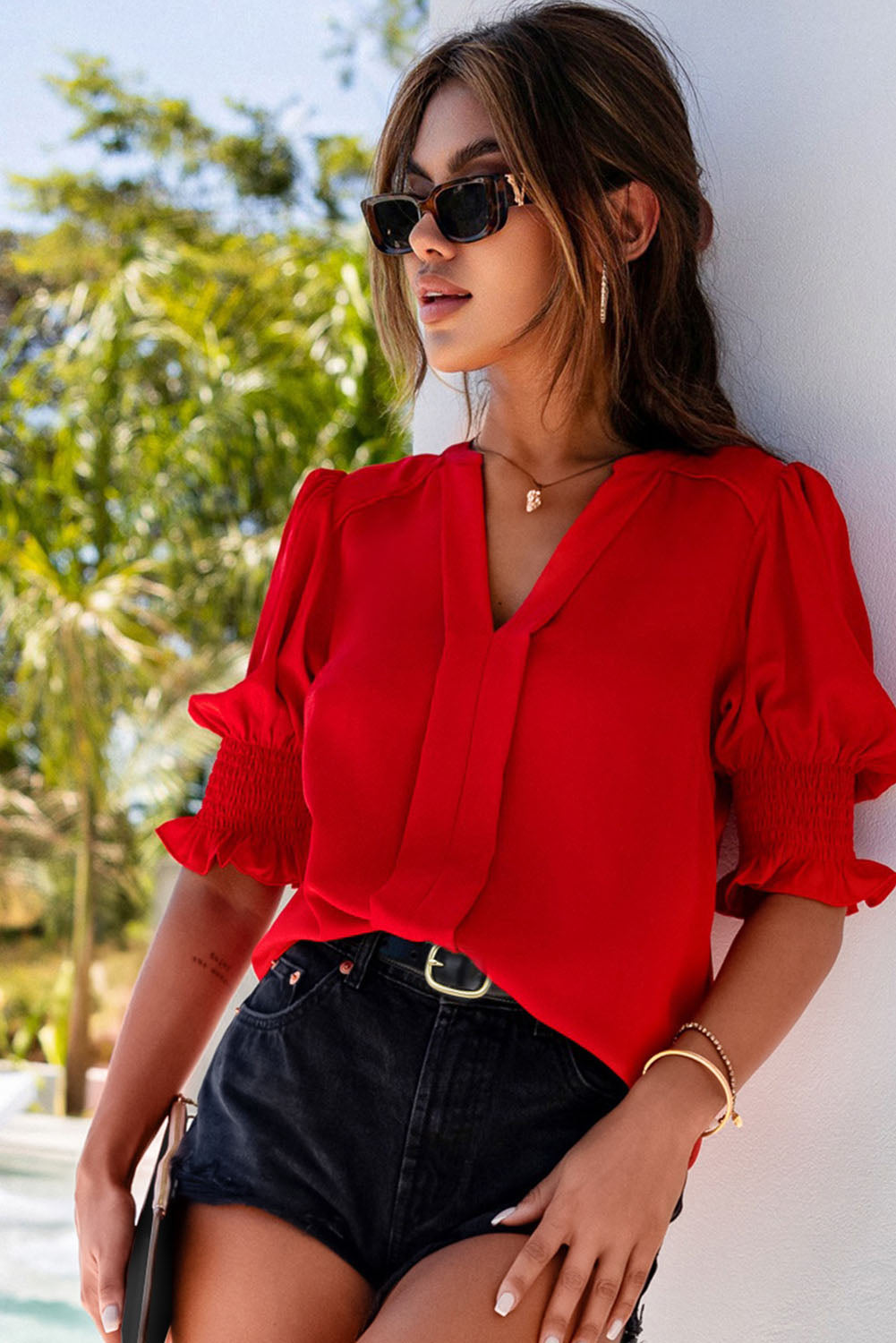 Solid Color Half Sleeve V Neck Blouse