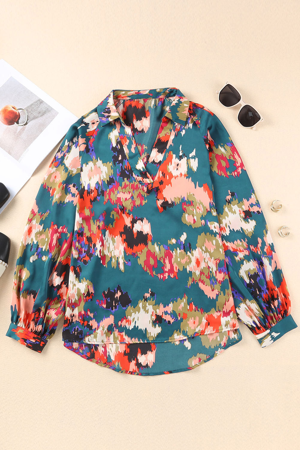 Green Graffiti Printed V Neck Puff Sleeve Blouse