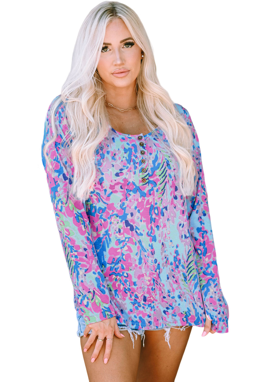 Printed Wide Neck Thumbhole Sleeve Henley Top