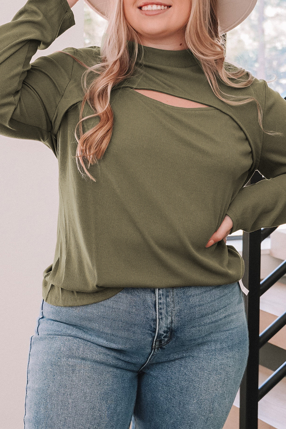 Plus Size Ribbed Mock Neck Peek-A-Boo Cut Out Top