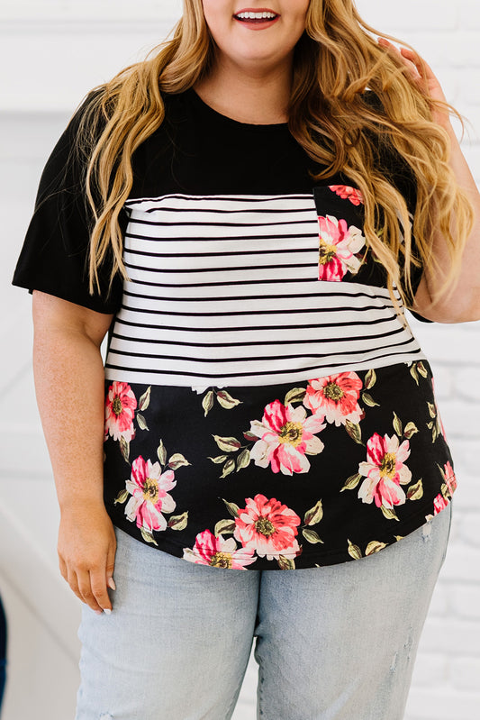 Plus Size Splicing Block Stripe Floral Short Sleeve Top