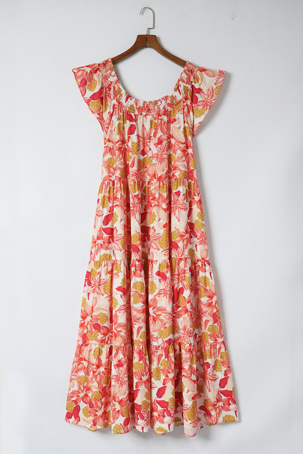 Floral Print Shirred Ruffled Sleeveless Plus Size Dress