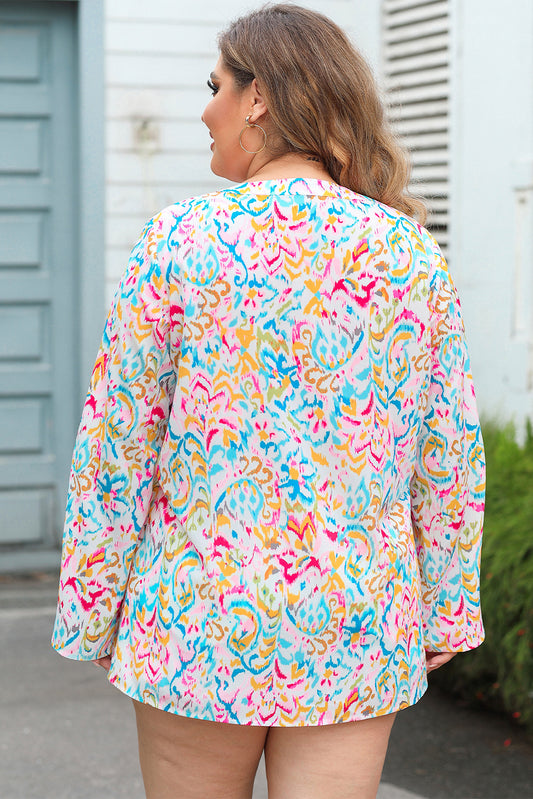 Plus Size Geometric Print Notched V-Neck Blouse