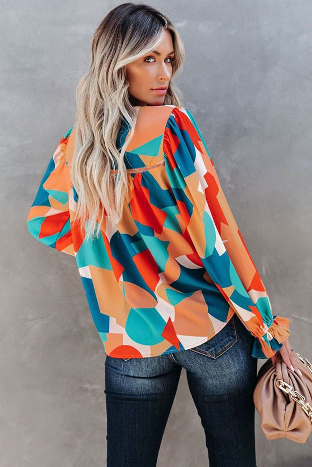 Abstract Pattern Crewneck Ruffled Puff Sleeve Blouse