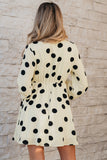 Beige Polka Dot Printed Surplice V Neck Puff Sleeve Mini Dress