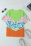 Color Block Leopard Waffle Knit Patchwork T-Shirt