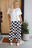 Black Checkerboard Elastic Waist Pocketed Joggers