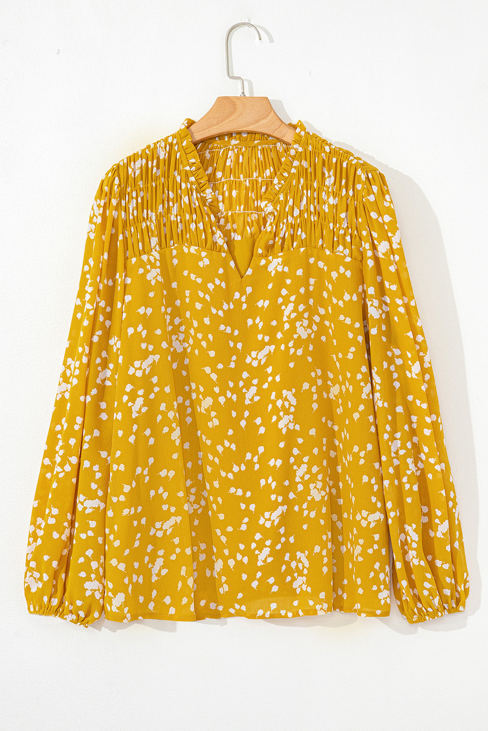 Yellow Plus Size Floral Print Ruched Split Neck Blouse