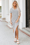 Striped Print Side Split Short Sleeve V Neck Maxi Dress