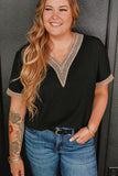 Black Lace Trim Short Sleeve V Neck Plus Size Top