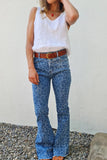 Sky Blue Leopard Print Raw Hem High Waist Flare Jeans