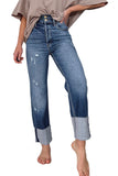 High Waist Distressed Straight Leg Jeans