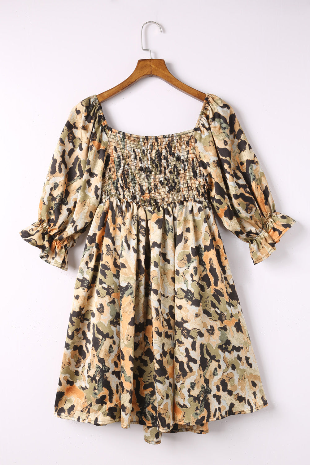 Abstract Print Shirred Half Sleeve Square Neck Mini Dress