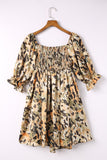 Abstract Print Shirred Half Sleeve Square Neck Mini Dress