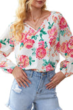 Notch V Neck Floral Pleated Puff Sleeve Blouse