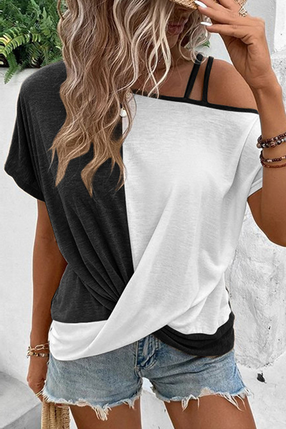 Asymmetric Strappy Cold Shoulder Long Sleeve Top