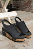 Black Vintage Leather Stitching Studded Wedge Sandals