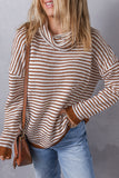 Khaki Striped Turtleneck Loose Sweater