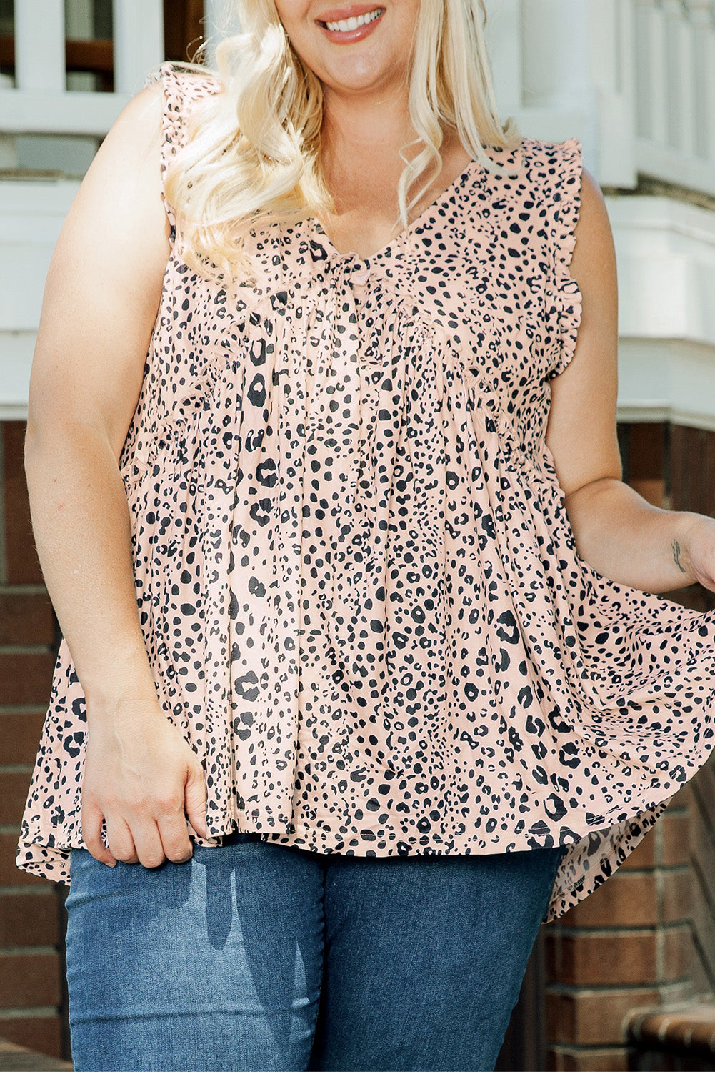 Plus Size V Neck Frilled Babydoll Tank Top