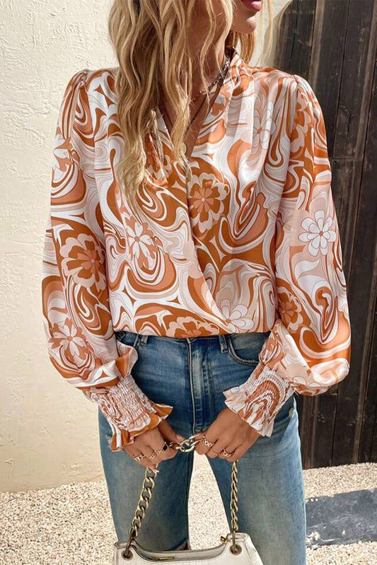 Floral Swirl Printed Bishop Sleeve Surplice Blouse