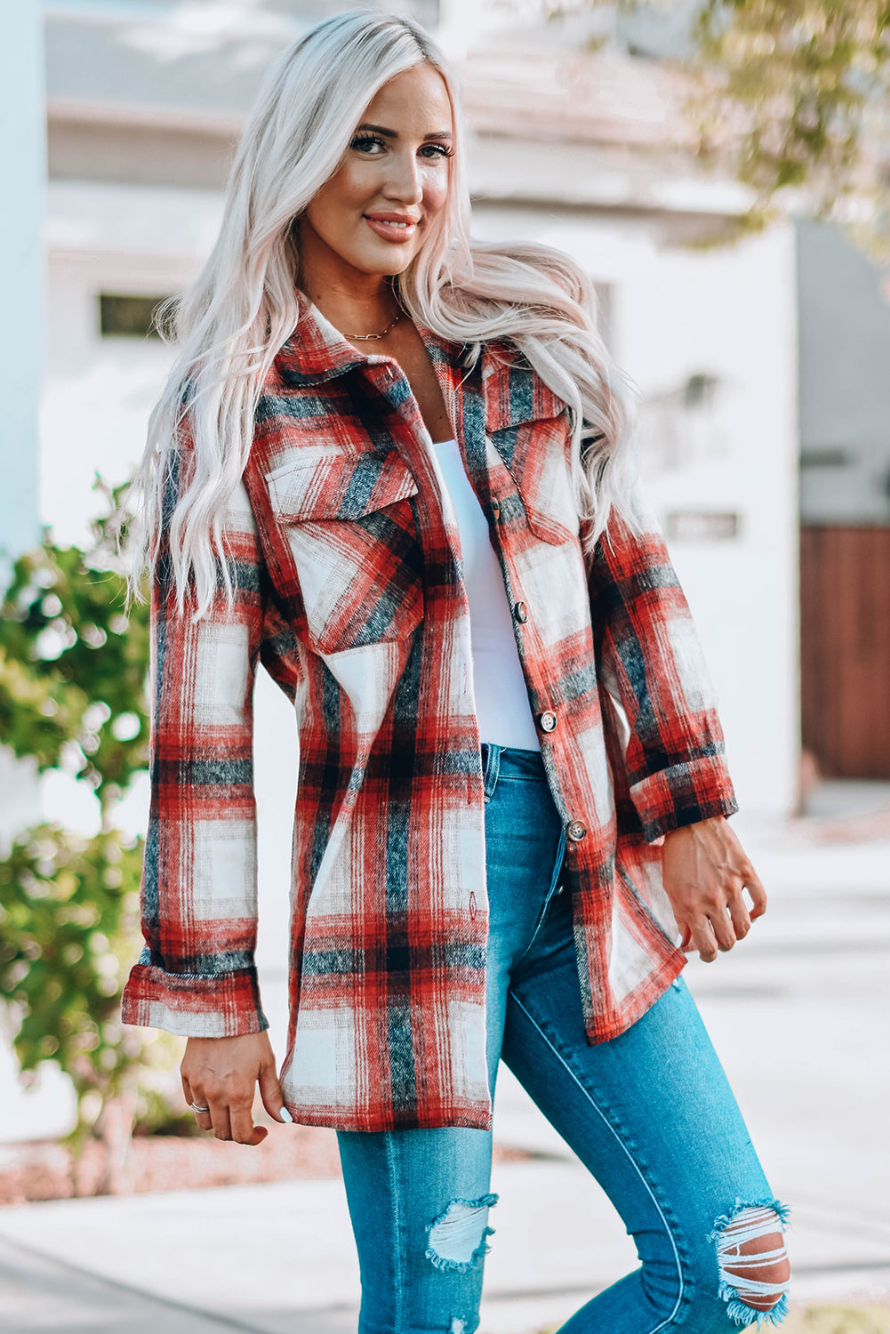 Turn down Neck Plaid Pocket Button Closure Coat