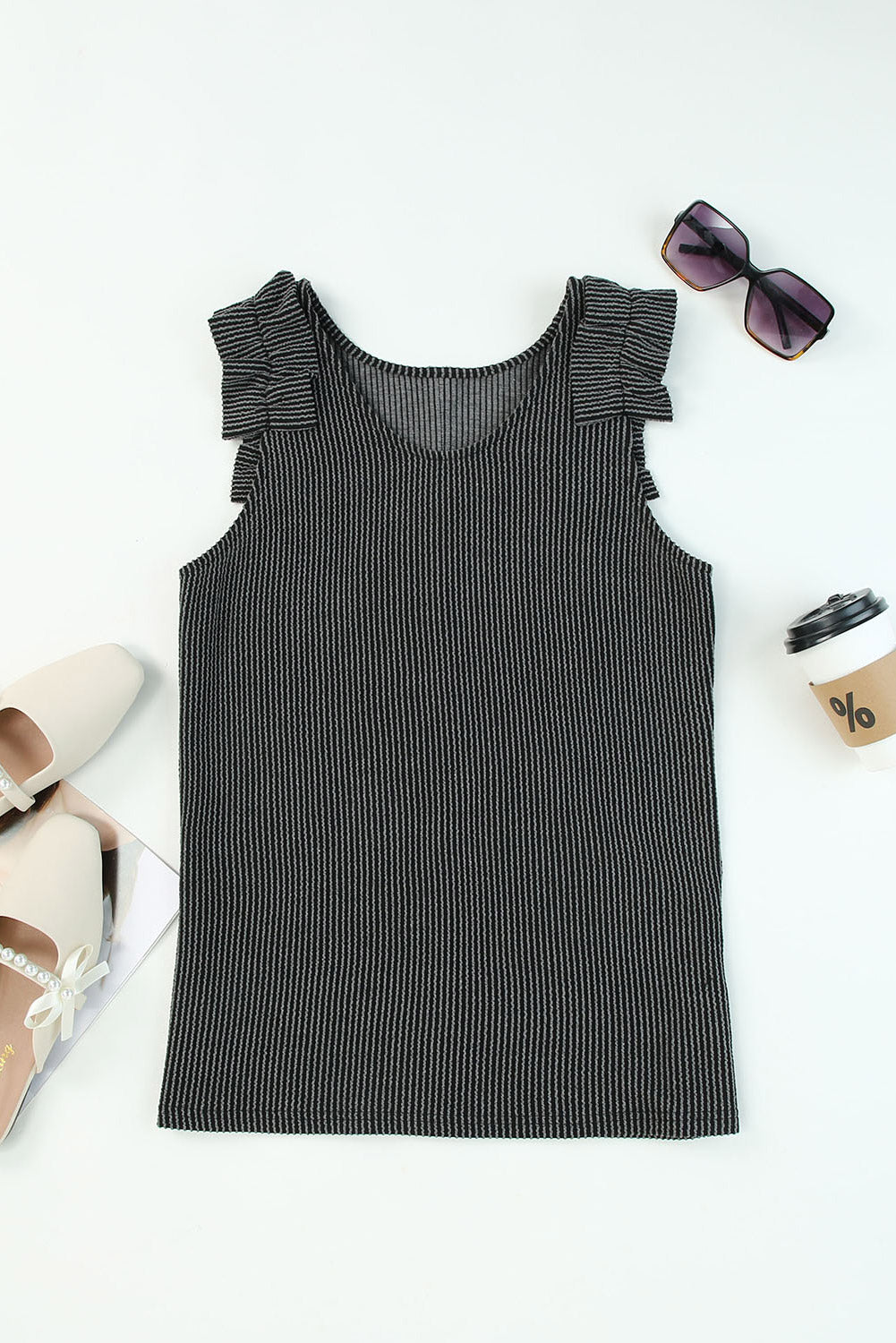 Ruched Shoulders Ribbed Knit Tank Top