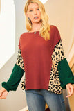 Leopard Splicing Waffle Color Block Puff Sleeve Top