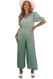 V Neck Puff Sleeve Hollow out Wide Leg Jumpsuit