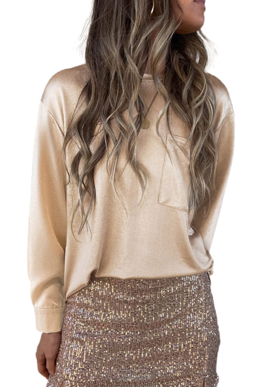 Glitter Chest Pocket Round Neck Long Sleeve Top