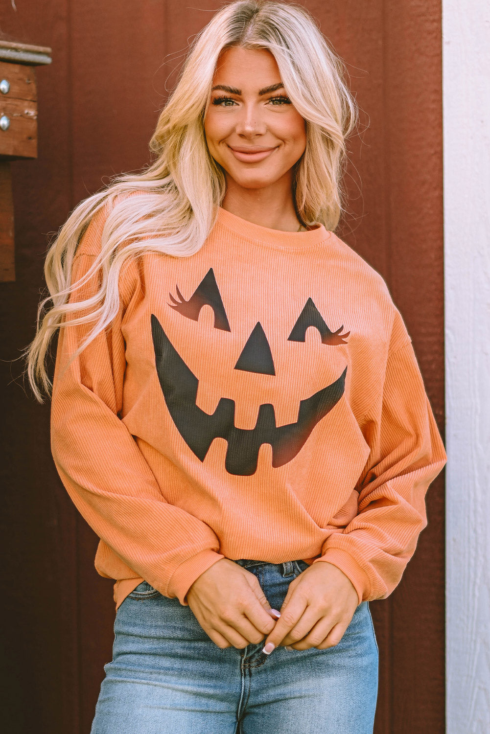 Orange Spooky Season Ghost Print Ribbed Pullover Sweatshirt