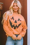 Orange Spooky Season Ghost Print Ribbed Pullover Sweatshirt