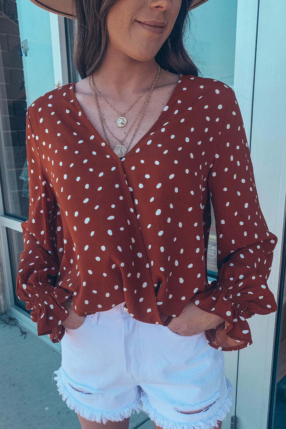 Surplice V Neck Dotted Pattern Ruffle Sleeve Blouse