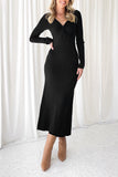 Black Twisted V Neck Ribbed Knit Sweater Dress