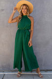 Black Halter Neck Pleated Wide Leg Jumpsuit with Belt