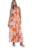 Shirred Lace-up Strap Sleeveless Floral Maxi Dress