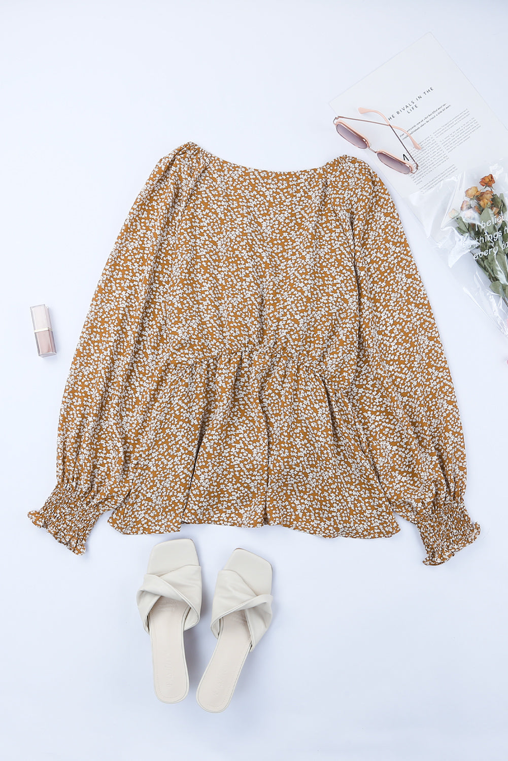 Floral Print Front Tie Ruffled Long Sleeve Blouse