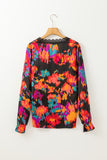 Green Graffiti Printed V Neck Puff Sleeve Blouse