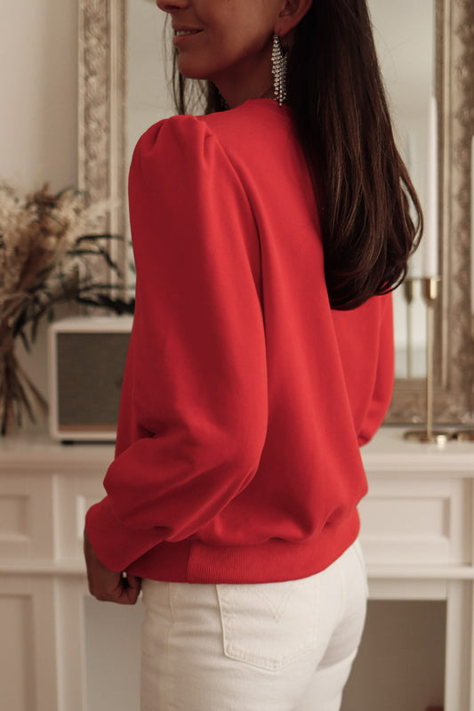 Red Button Tab Detail Long Sleeve Top