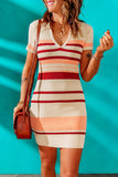 Striped Ribbed Knit V Neck Bodycon Mini Dress