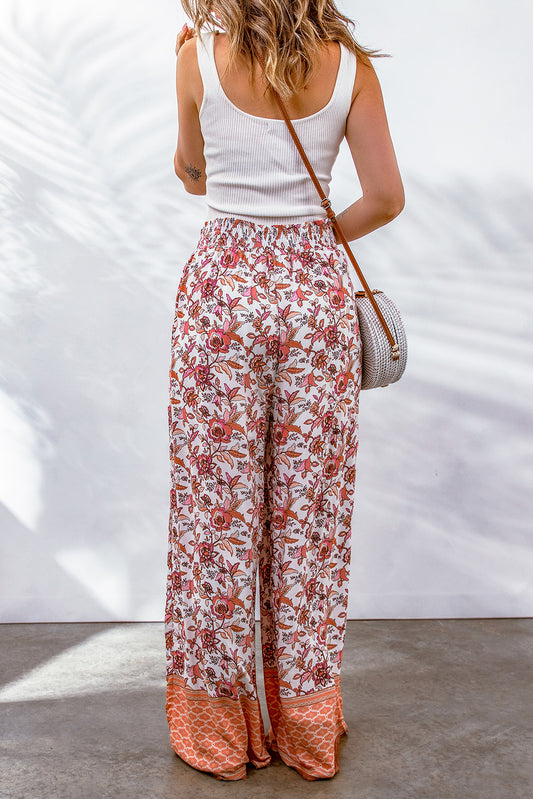 Floral Print Shirred High Waist Wide Leg Pants