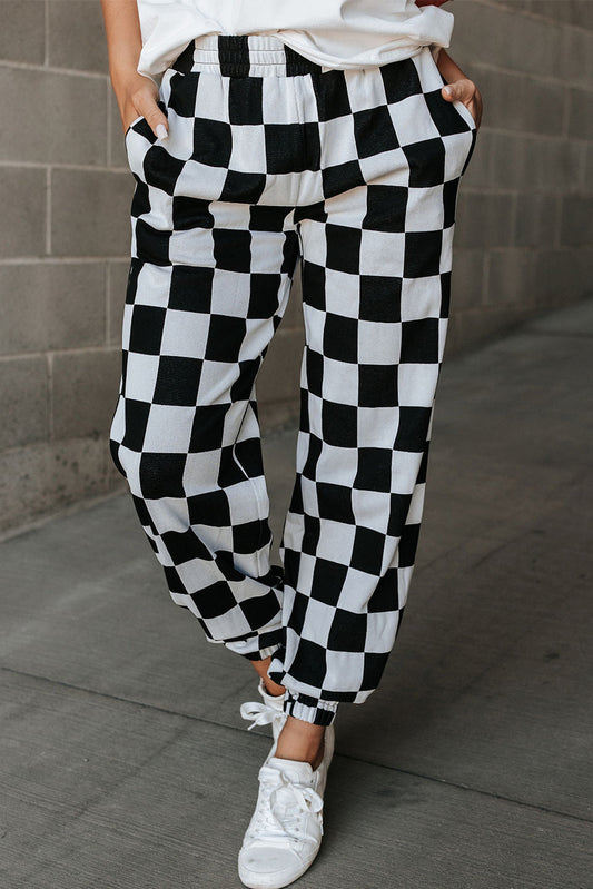 Black Checkerboard Elastic Waist Pocketed Joggers