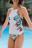 Leaf & Flower Print Ruched Tankini Set