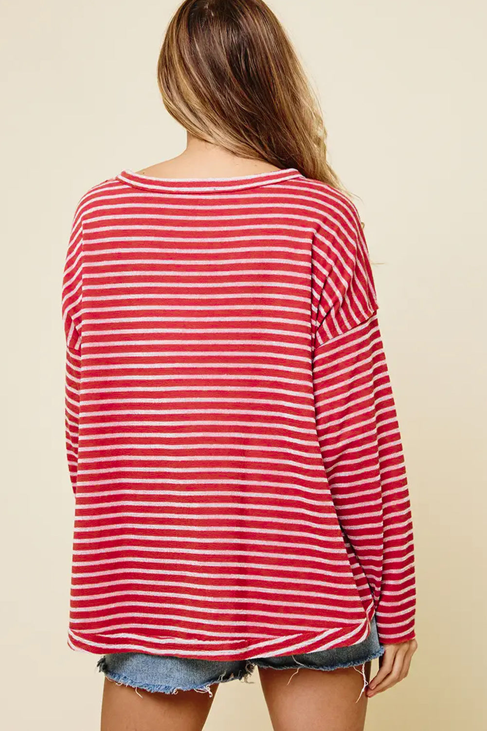 Striped Drop Shoulder Exposed Seam Long Sleeve Top