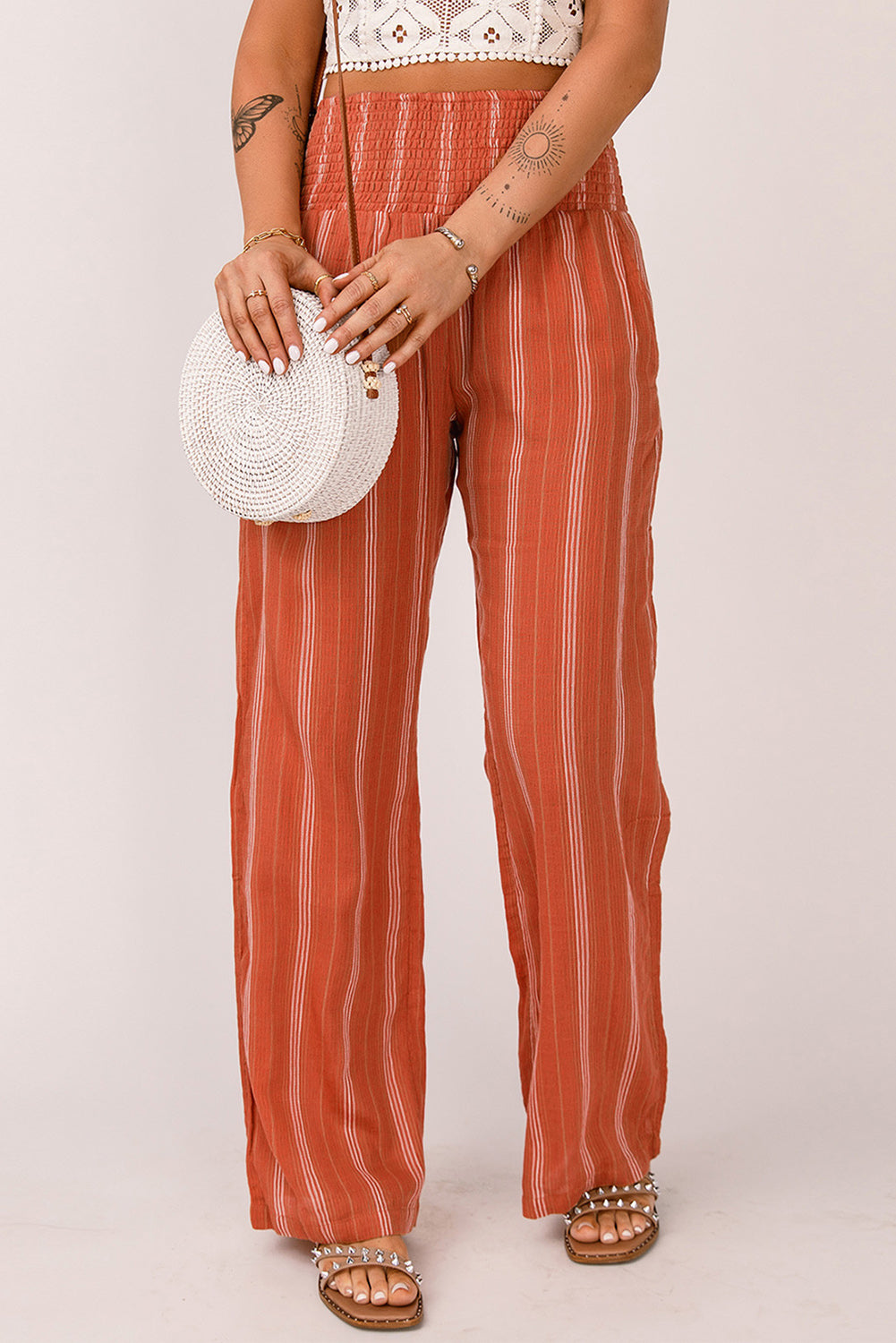 Orange Striped Shirred High Waist Straight Leg Pants