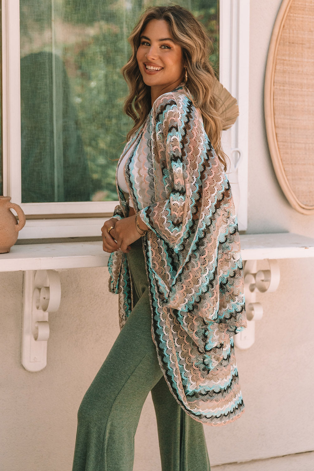 Sheer Fish-Scale Knit Kimono