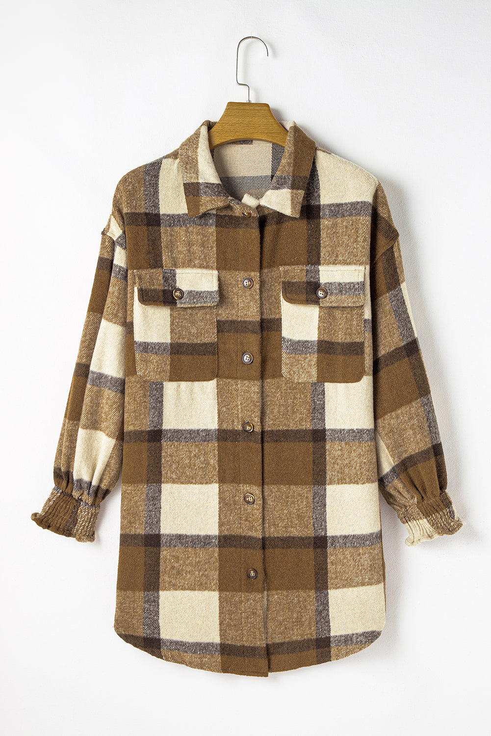 Plaid Flap Pocket Smocked Cuff Shacket