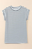 Striped Rolled Cap Sleeve Round Neck T Shirt