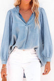 Split V-Neck Balloon Sleeve Ruched Denim Top