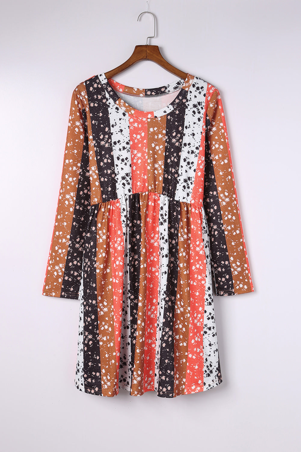 Floral Striped Color Block Long Sleeve Babydoll Dress