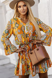 Boho Geometric Print Buttoned V Neck Mini Dress